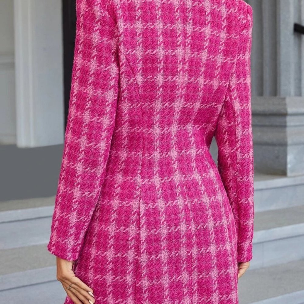 Plaid Double Breasted Pink Tweed Blazer Dress Mini Dress - Picture 5 of 9